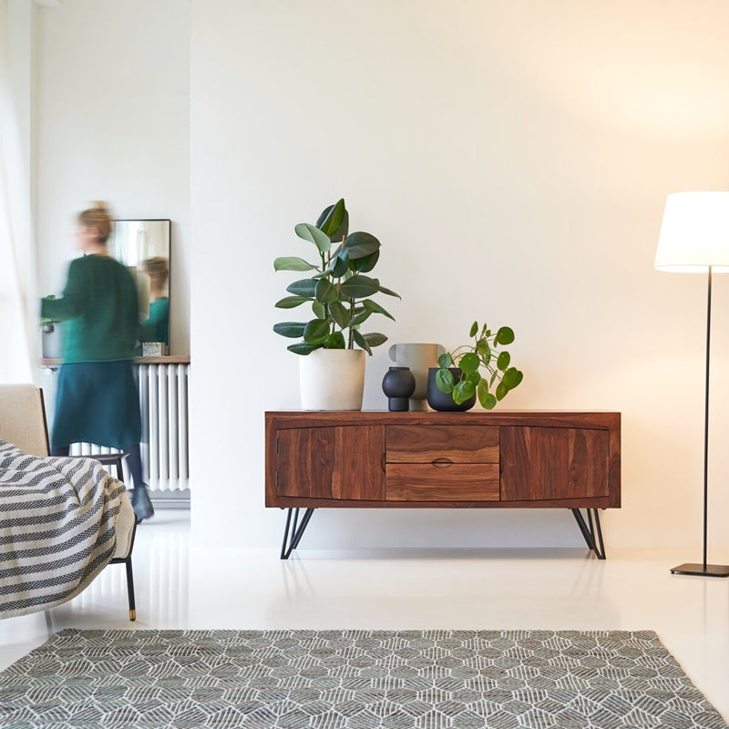 Tv unit with two doors and two drawers made of solid sheesham wood and Metal