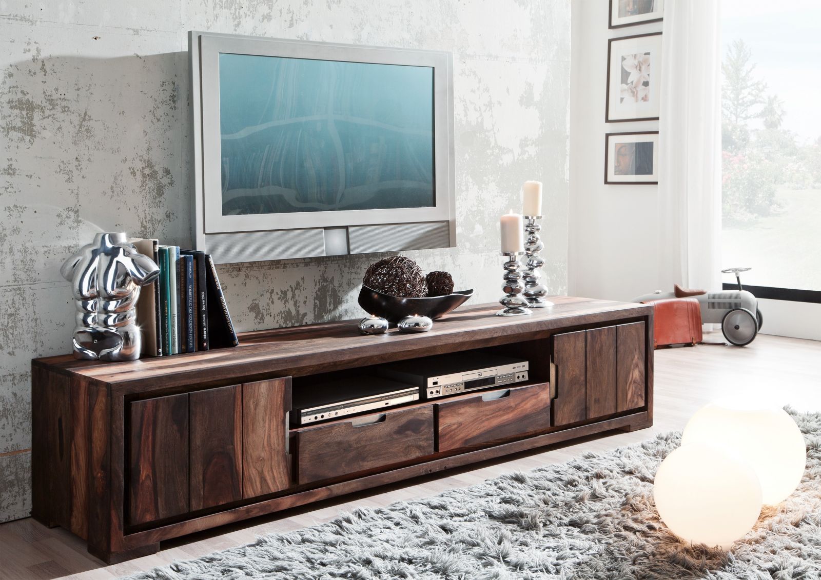 Tv unit with two doors and two drawers made of solid sheesham wood