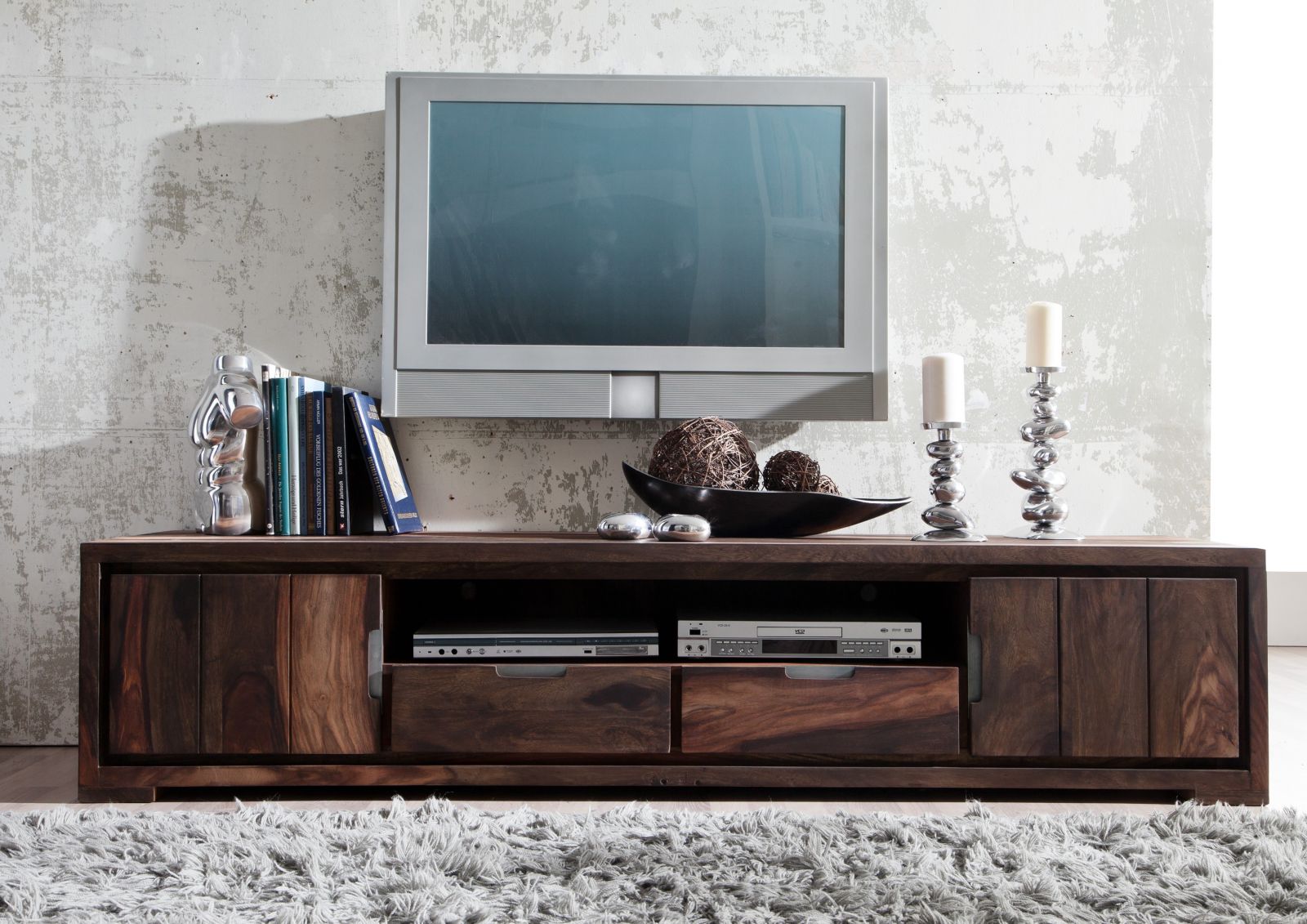 Tv unit with two doors and two drawers made of solid sheesham wood