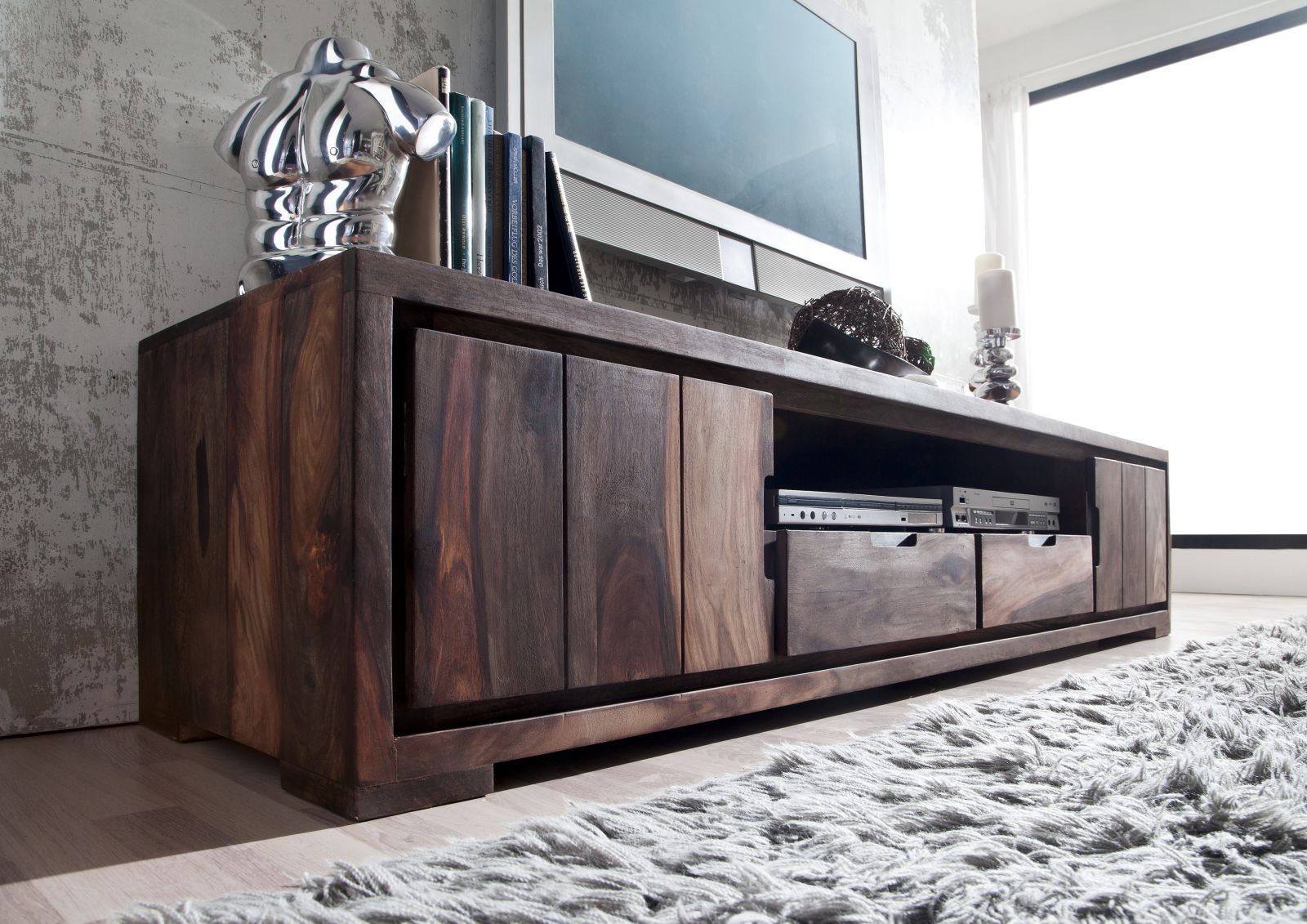 Tv unit with two doors and two drawers made of solid sheesham wood