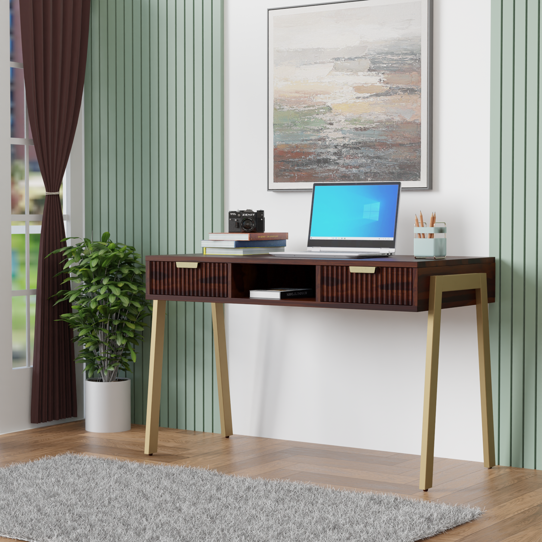 Desk with two drawers made of solid sheesham wood metal