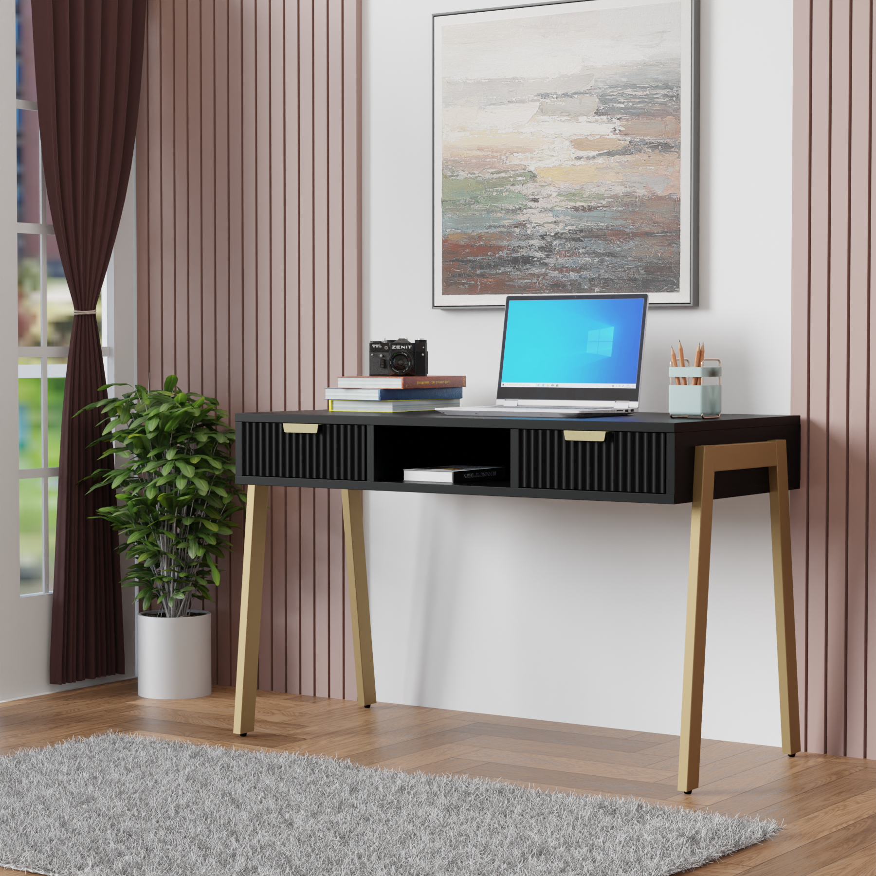 Desk with two drawers made of engineered wood metal