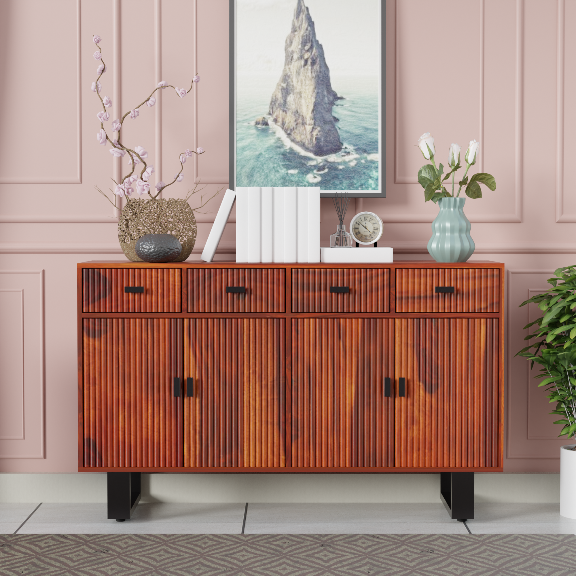 Sideboard with four doors and four drawers made of solid sheesham wood and Metal