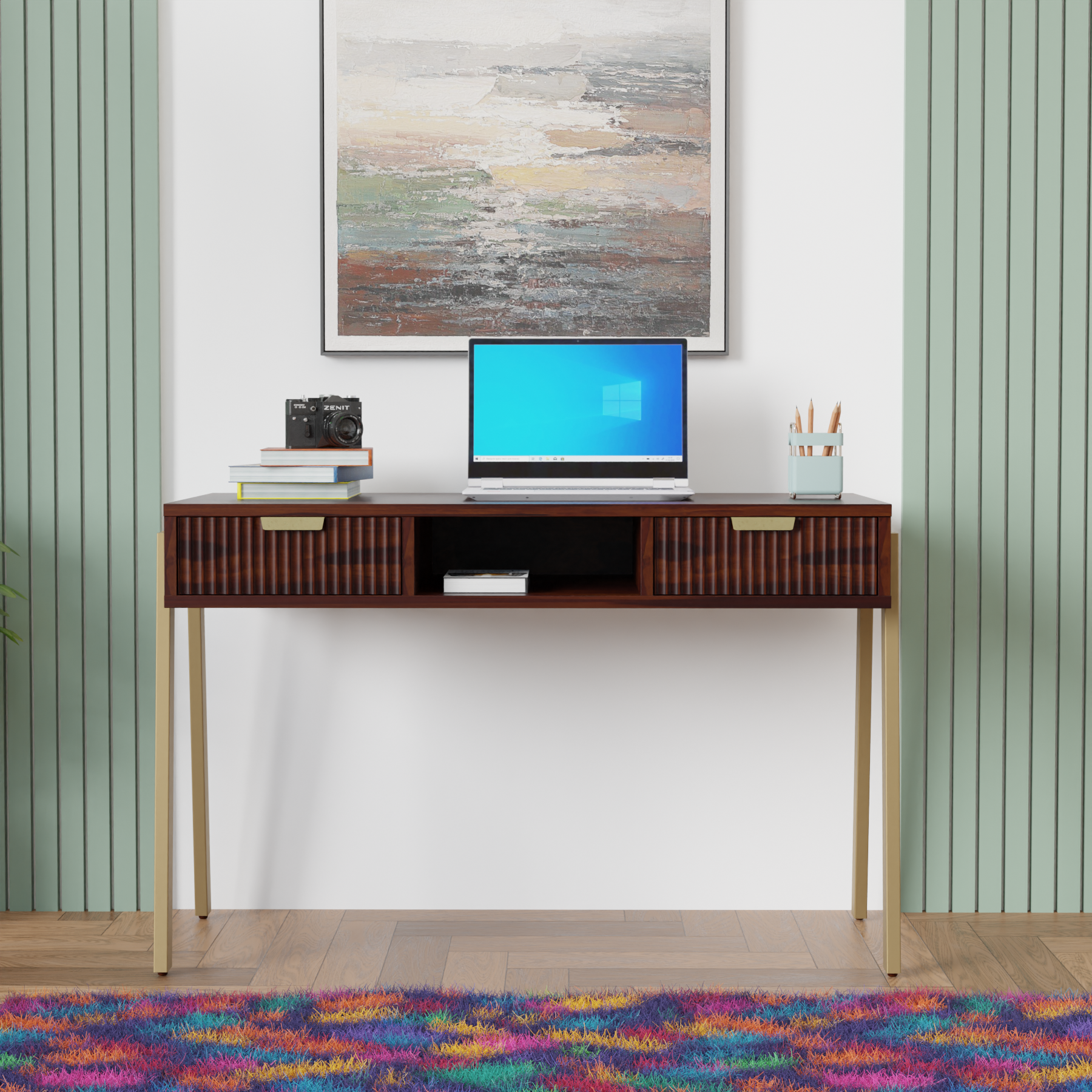 Desk with two drawers made of solid sheesham wood metal