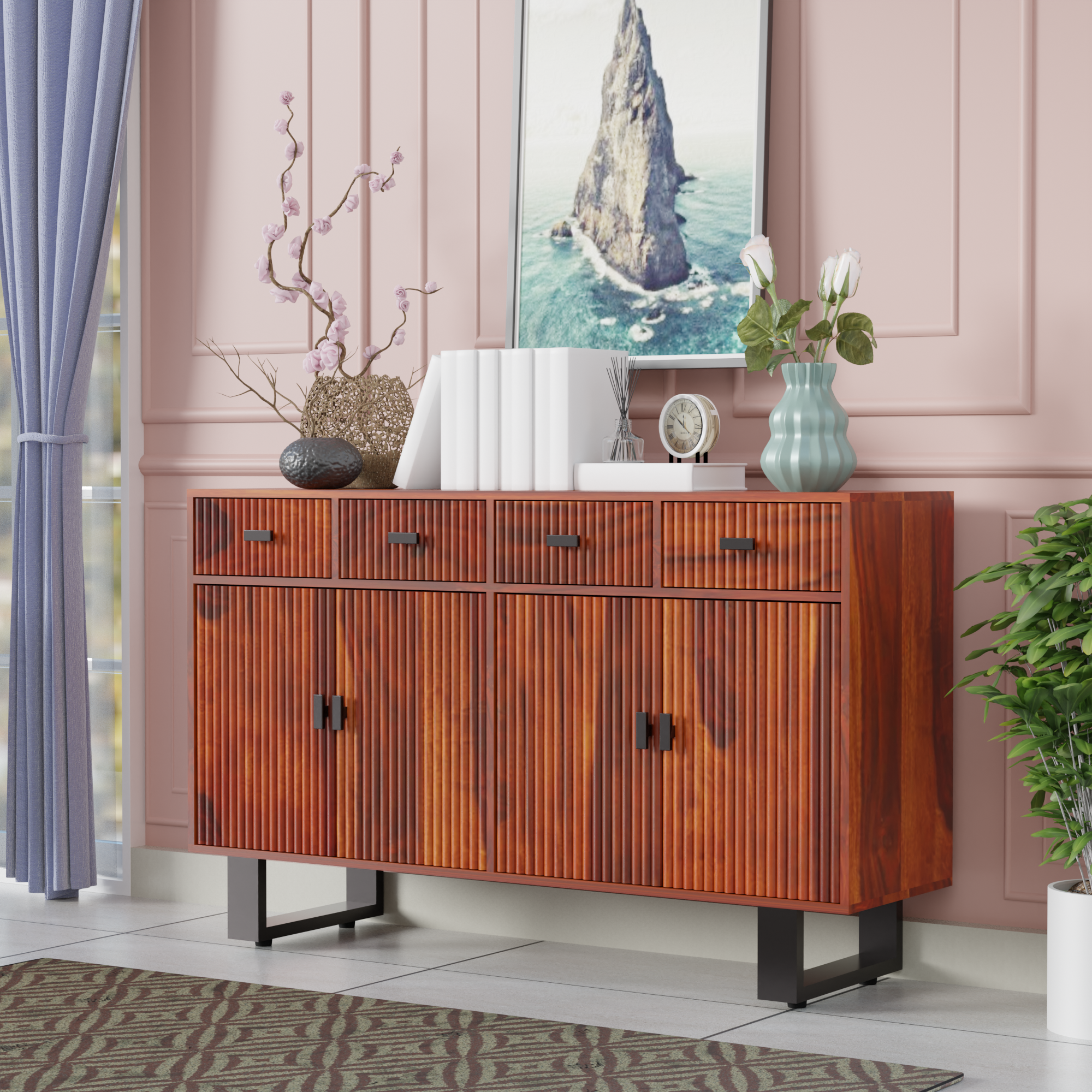 Sideboard with four doors and four drawers made of solid sheesham wood and Metal