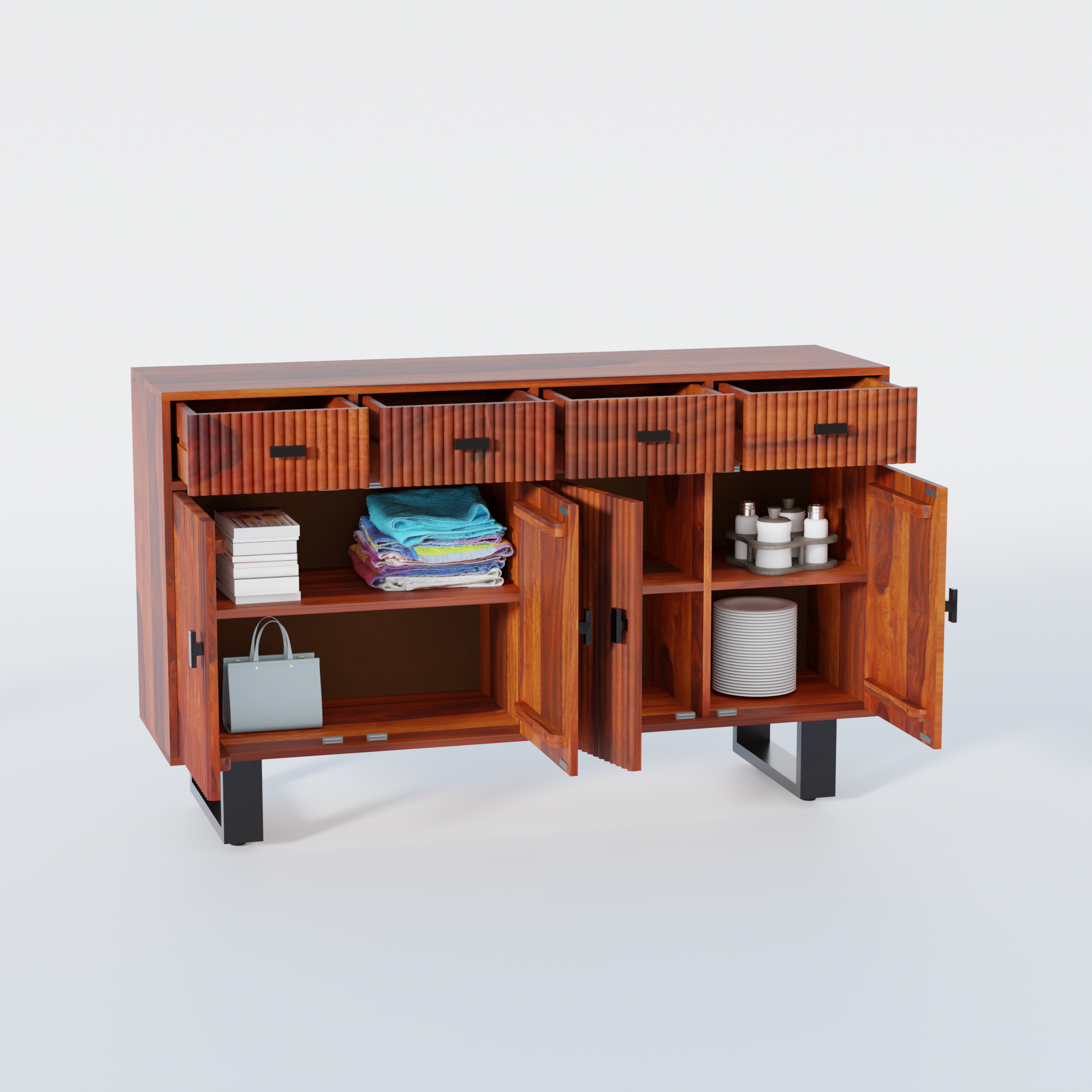 Sideboard with four doors and four drawers made of solid sheesham wood and Metal