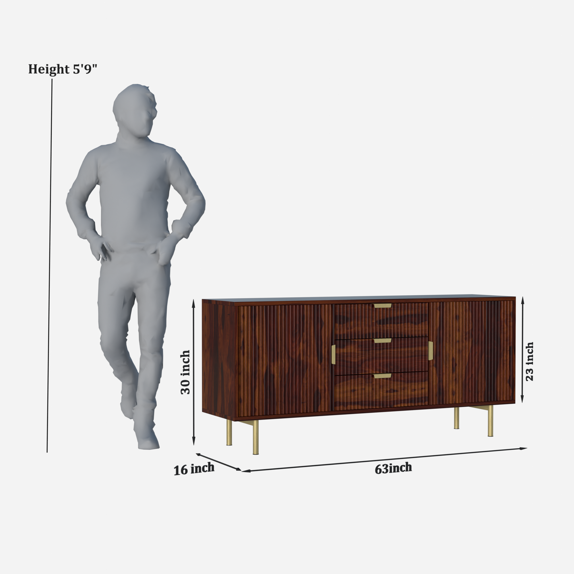 Sideboard with two doors and three drawers made of solid sheesham wood and Metal