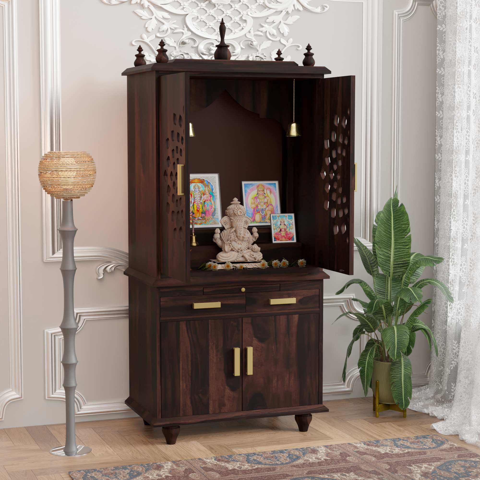 Temple with 2-drawers and 2-doors cabinet made of solid sheesham wood