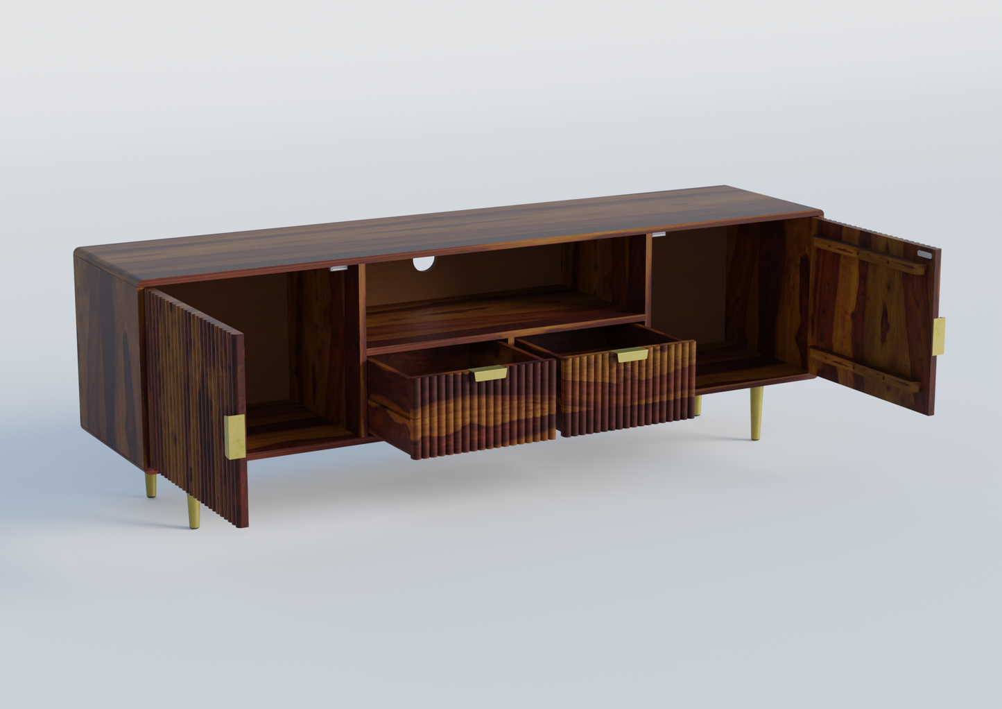 Tv unit with two doors and two drawers made of solid sheesham wood and Metal