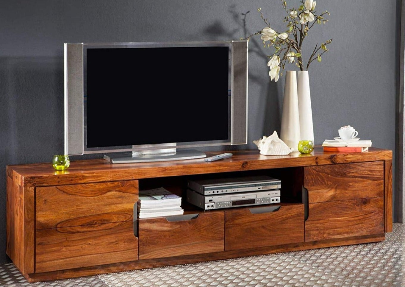 TV unit with two doors and two drawers made of solid sheesham wood