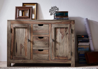 Sideboard with two doors and three drawers made of solid sheesham wood