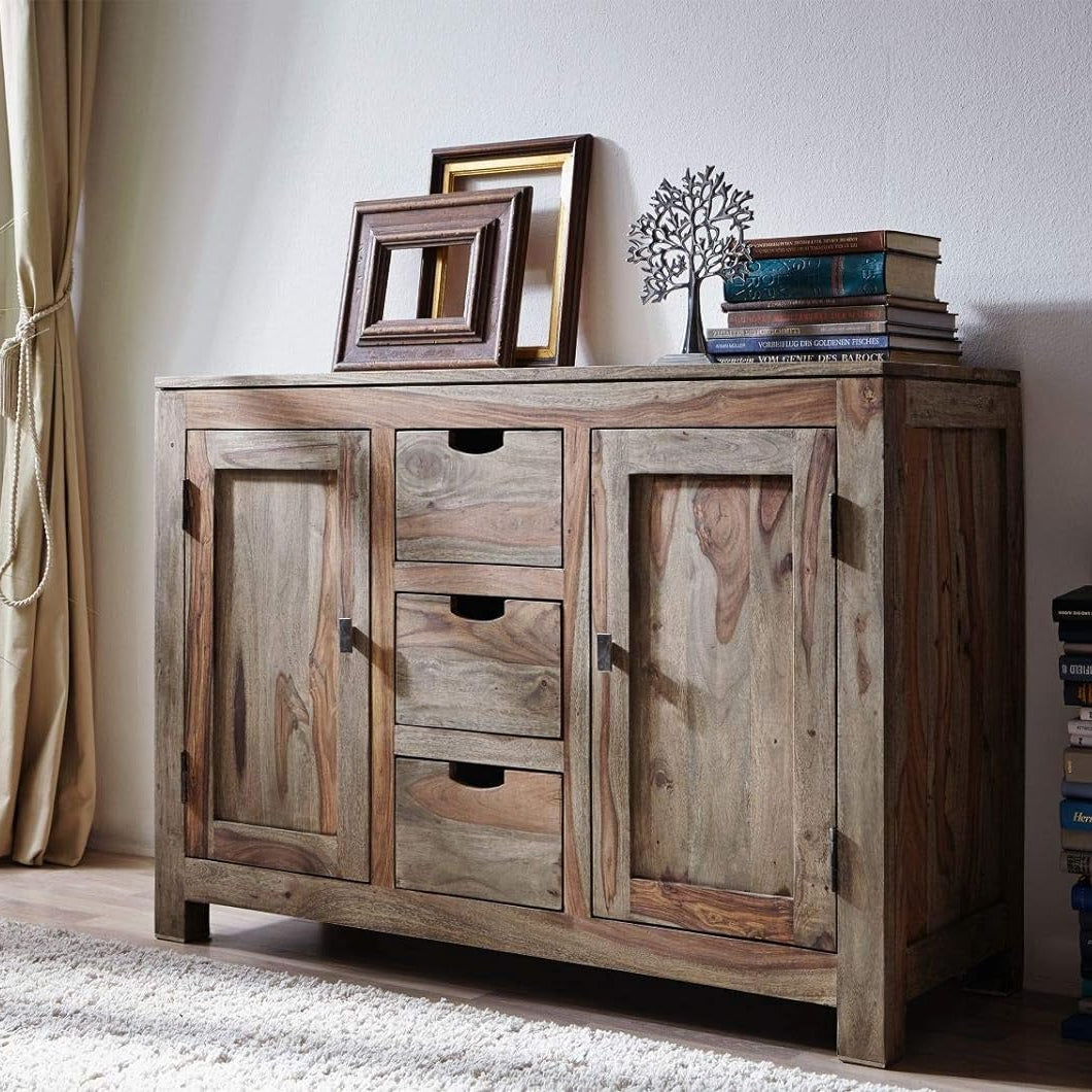 Sideboard with two doors and three drawers made of solid sheesham wood