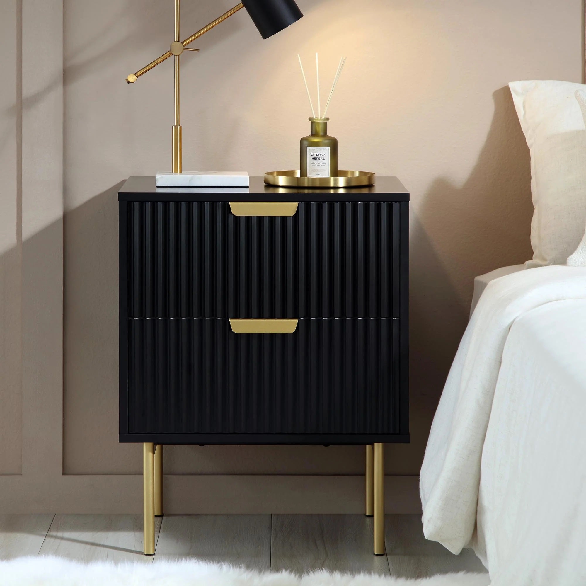 Bedside with two drawers made of solid engineered wood and iron