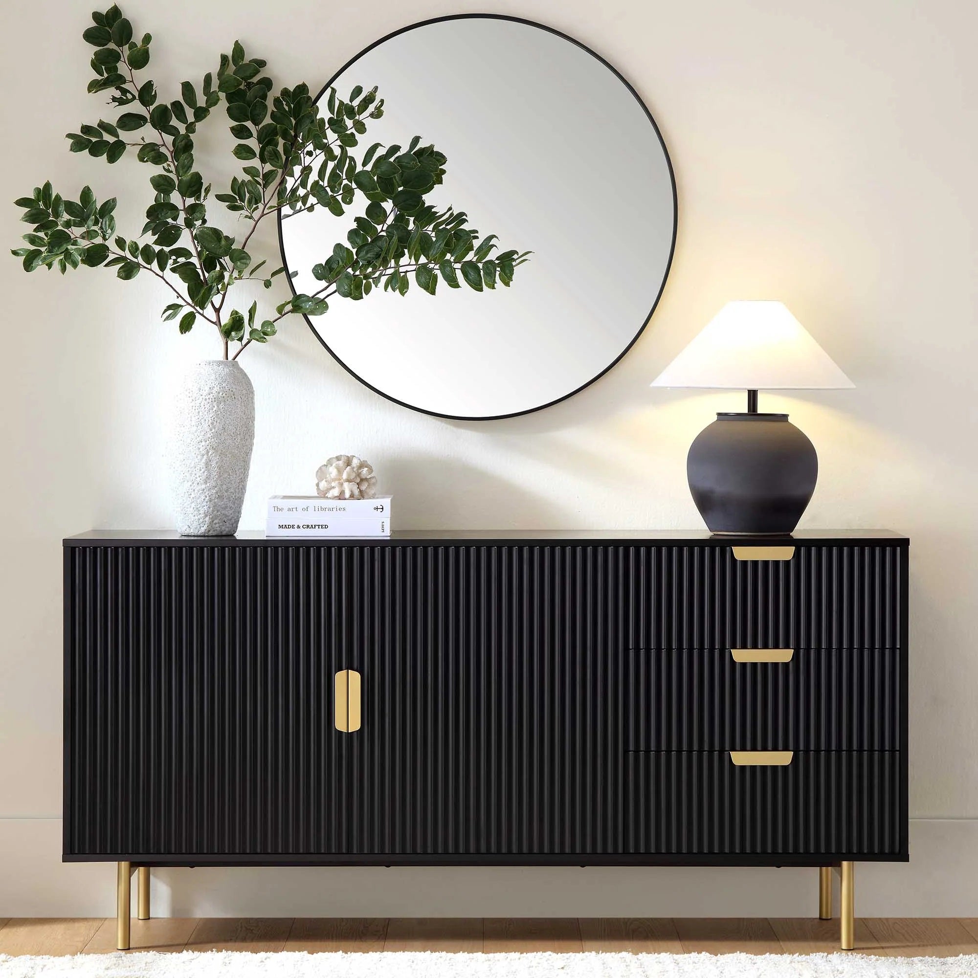 Sideboard with two doors and three drawers made of solid sheesham wood and Metal