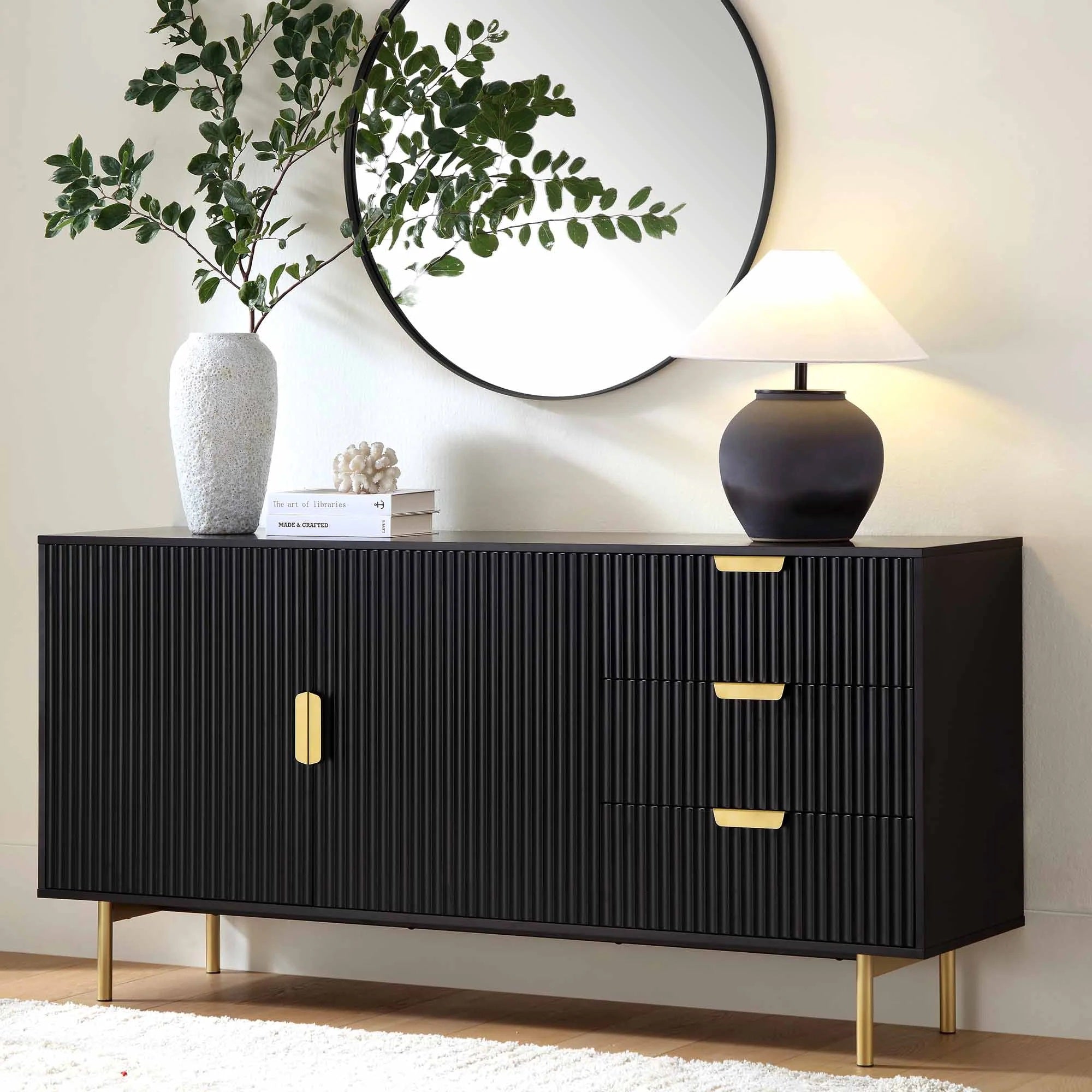 Sideboard with two doors and three drawers made of solid sheesham wood and Metal