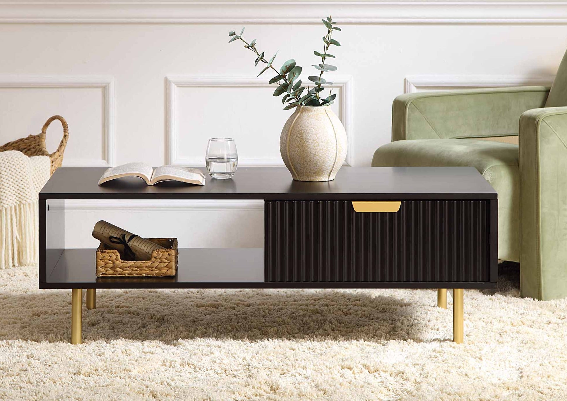 Coffee table with single drawer made of solid sheesham wood and iron