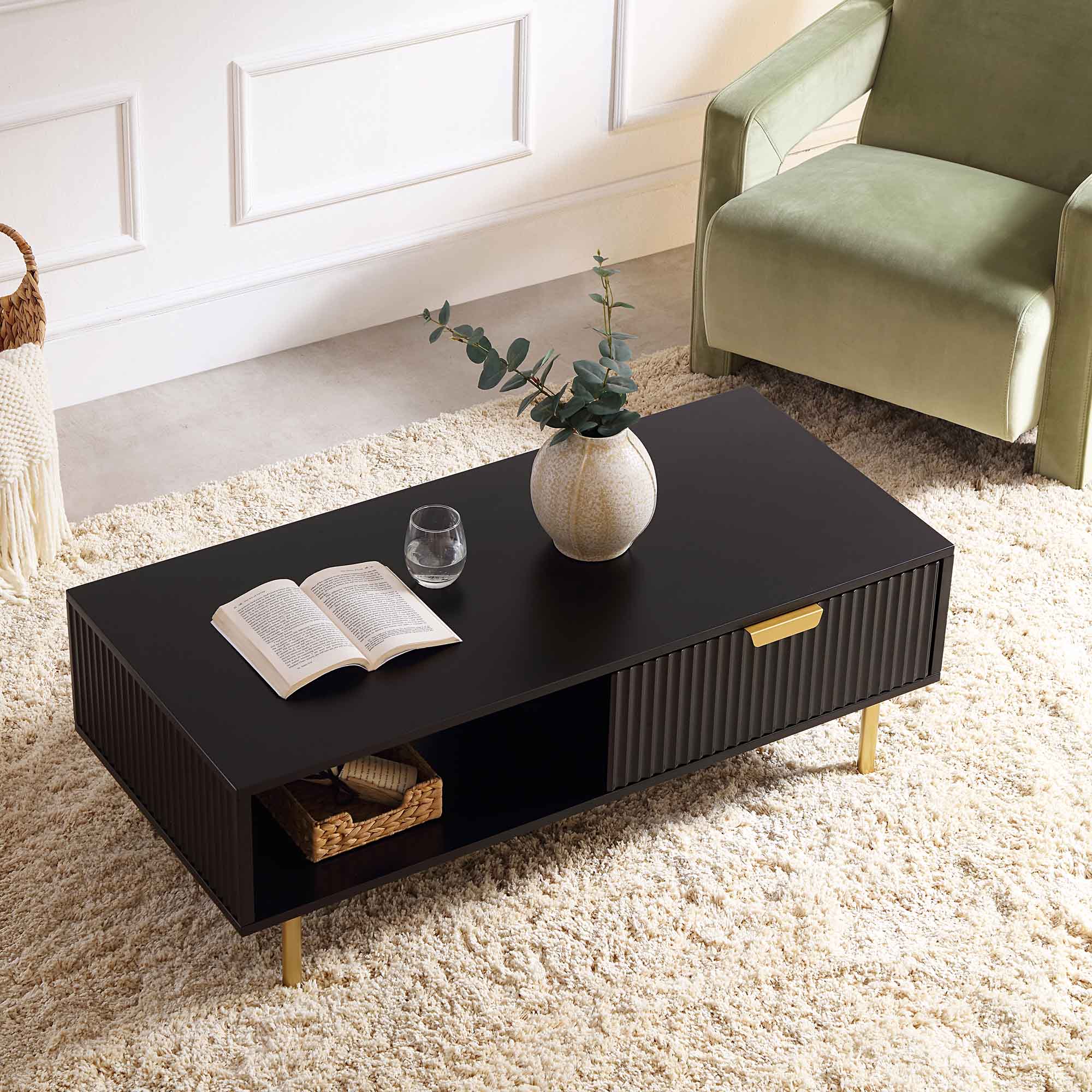 Coffee table with single drawer made of solid sheesham wood and Metal