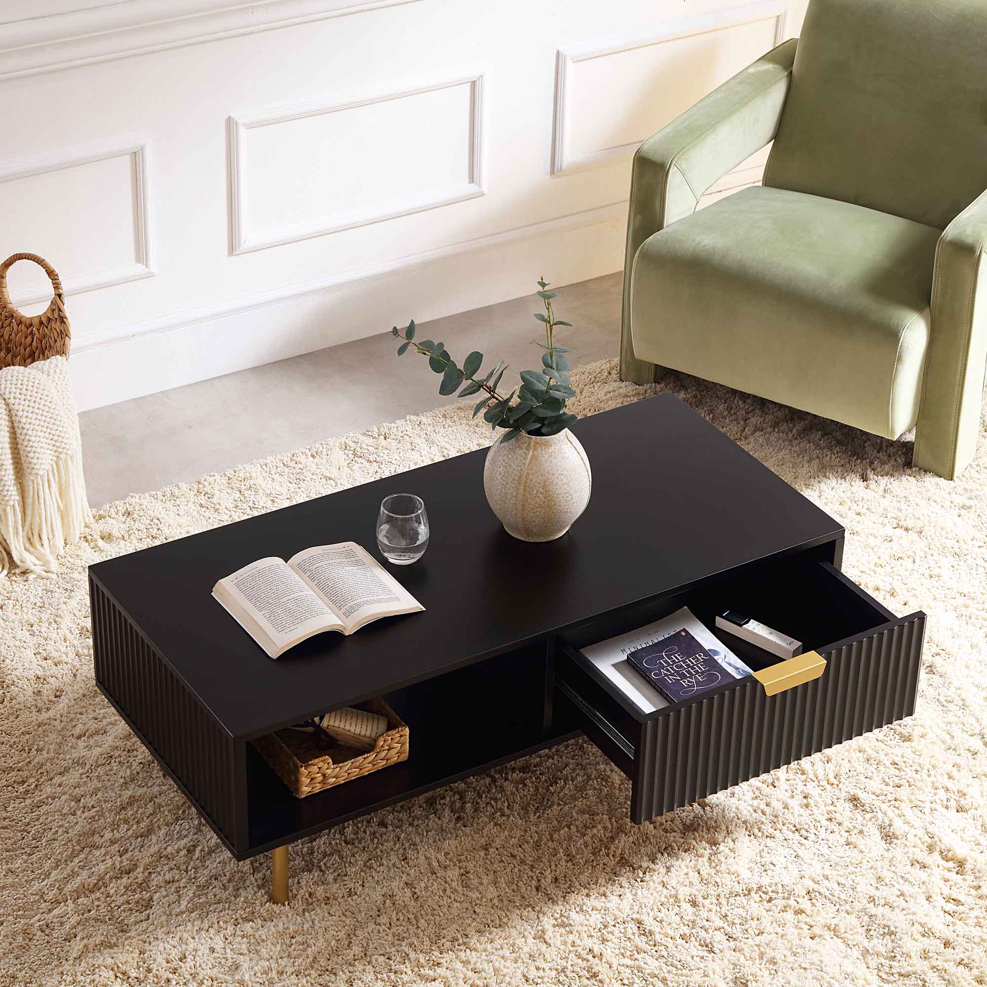 Coffee table with single drawer made of solid sheesham wood and Metal