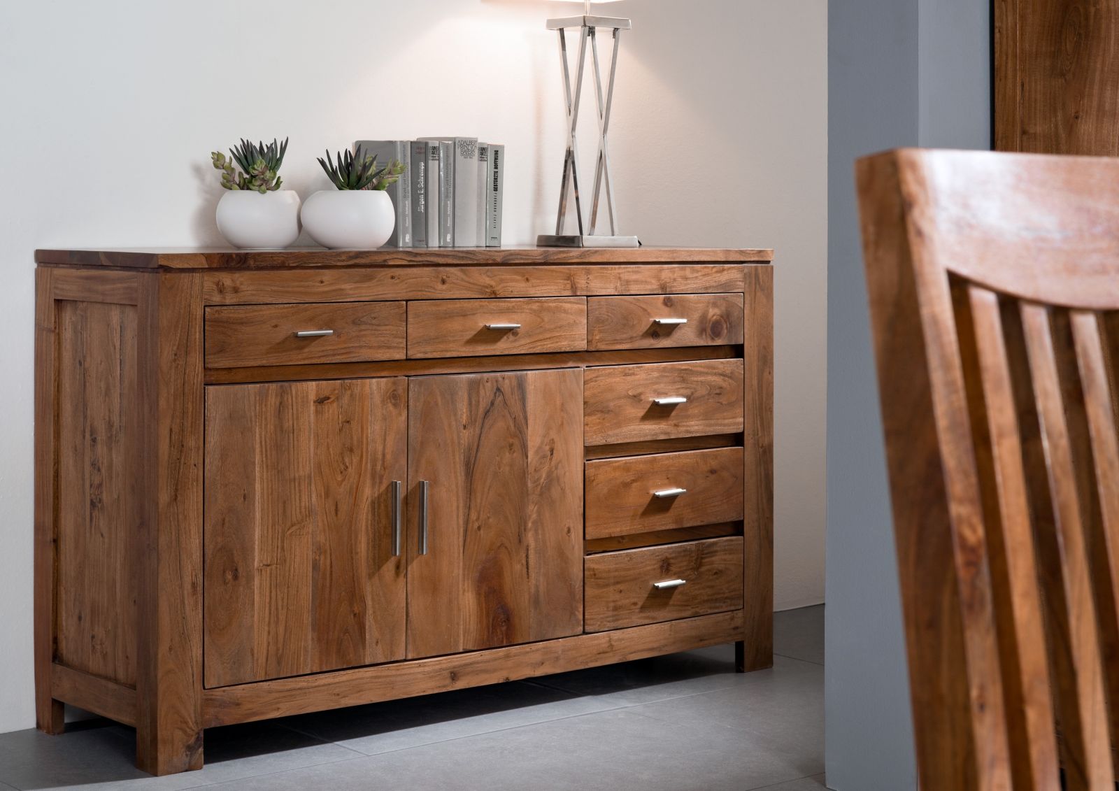 Sideboard with two doors and six drawers made of solid acacia wood