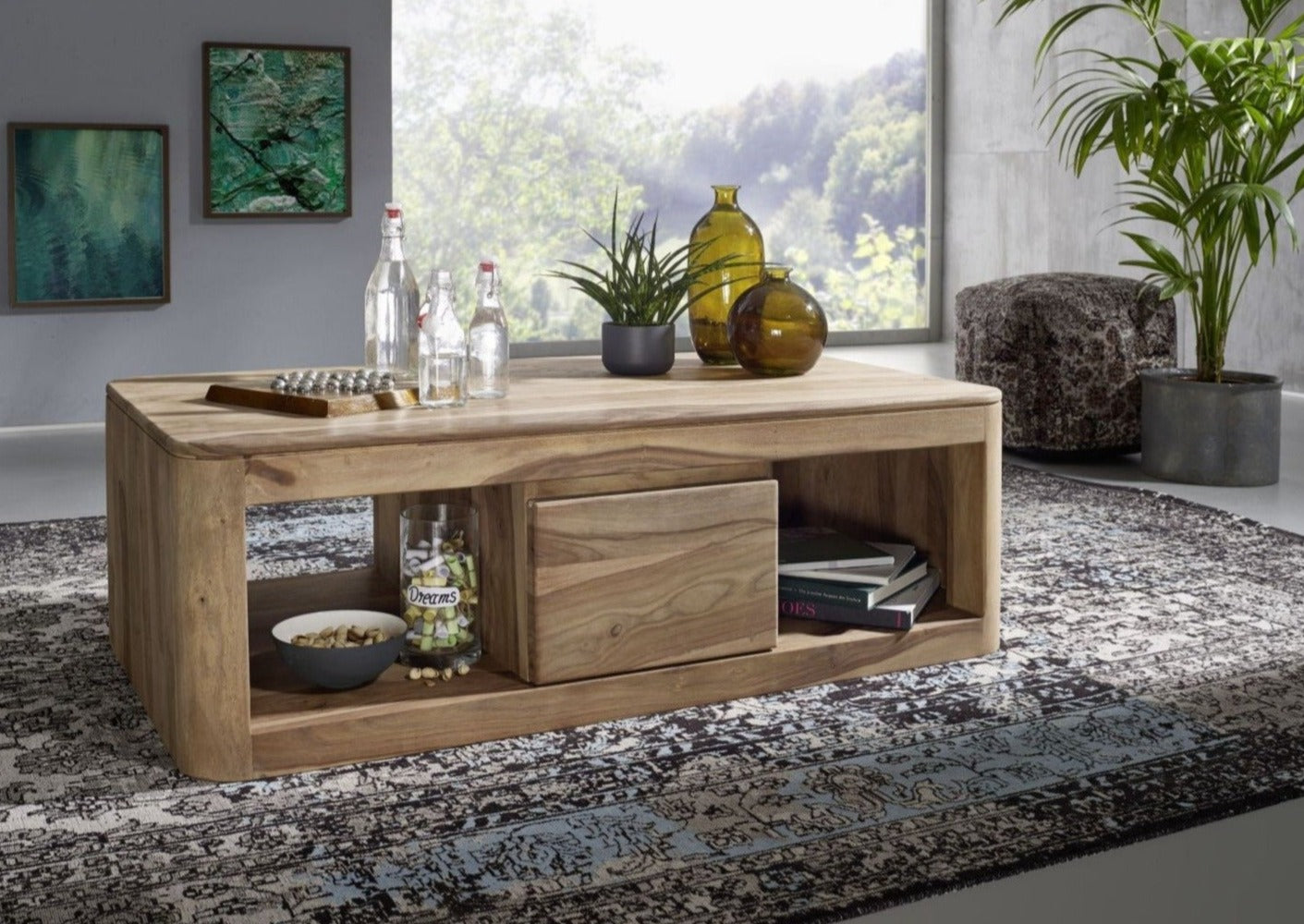 Coffee table with two drawers made of solid sheesham wood