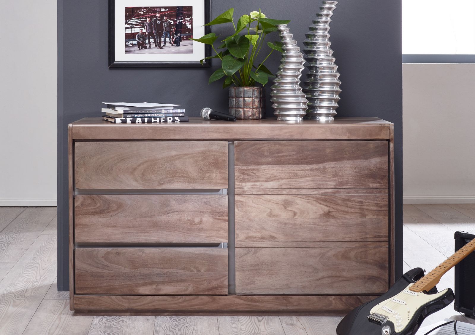 Sideboard with single door and three drawers made of solid sheesham wood