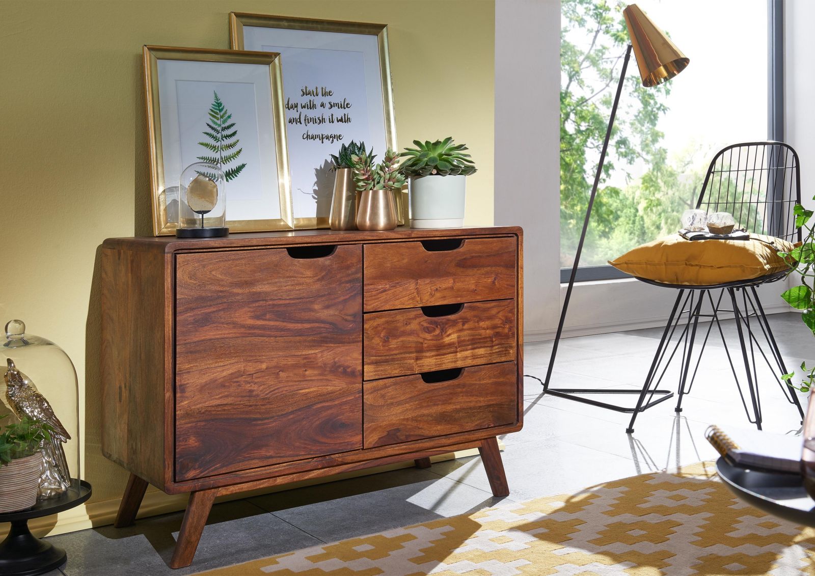 Sideboard with single door and three drawers made of solid sheesham wood