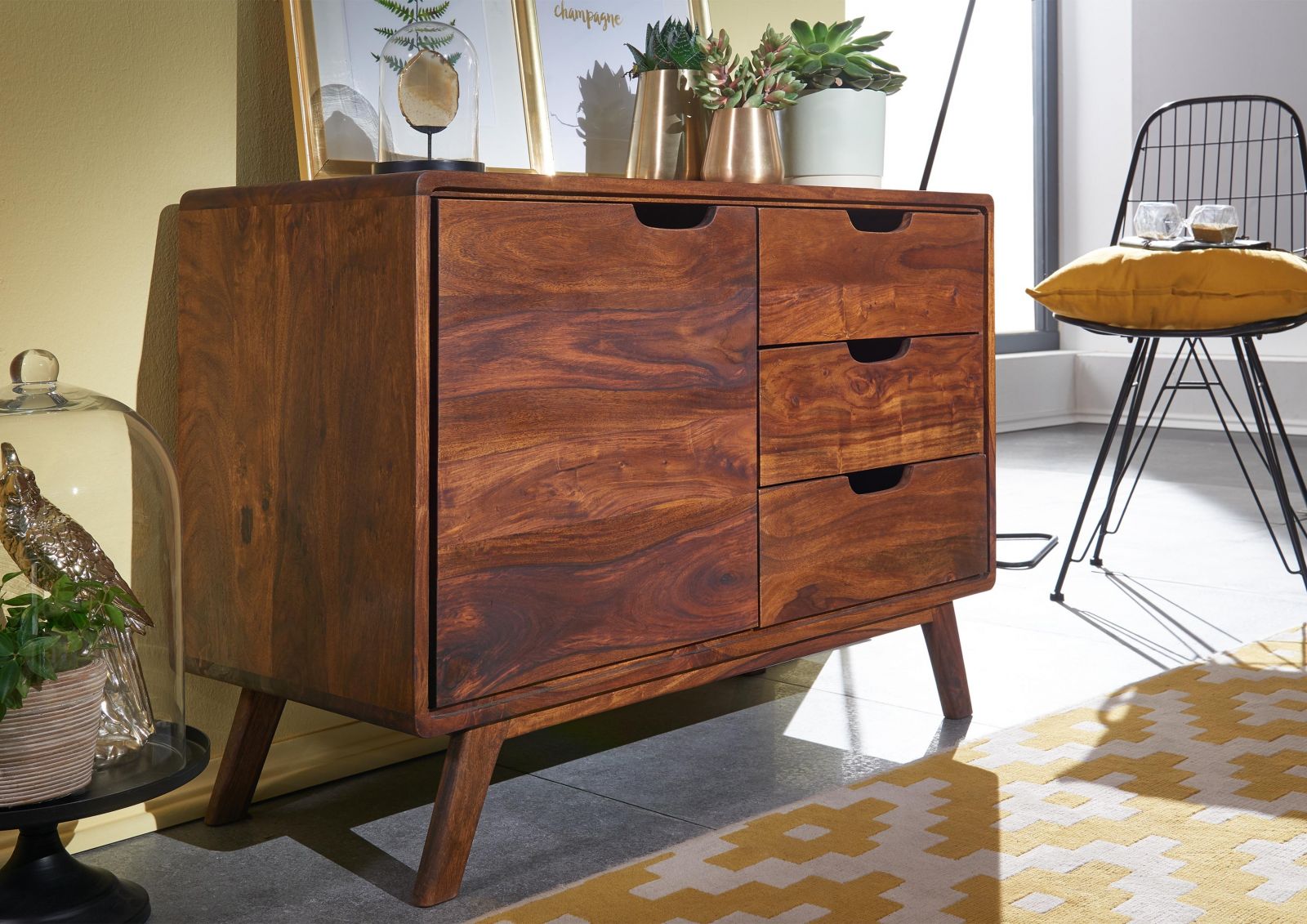 Sideboard with single door and three drawers made of solid sheesham wood