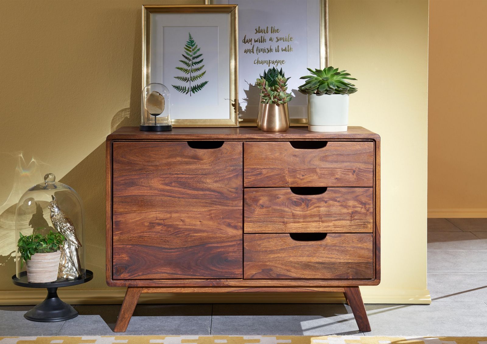 Sideboard with single door and three drawers made of solid sheesham wood