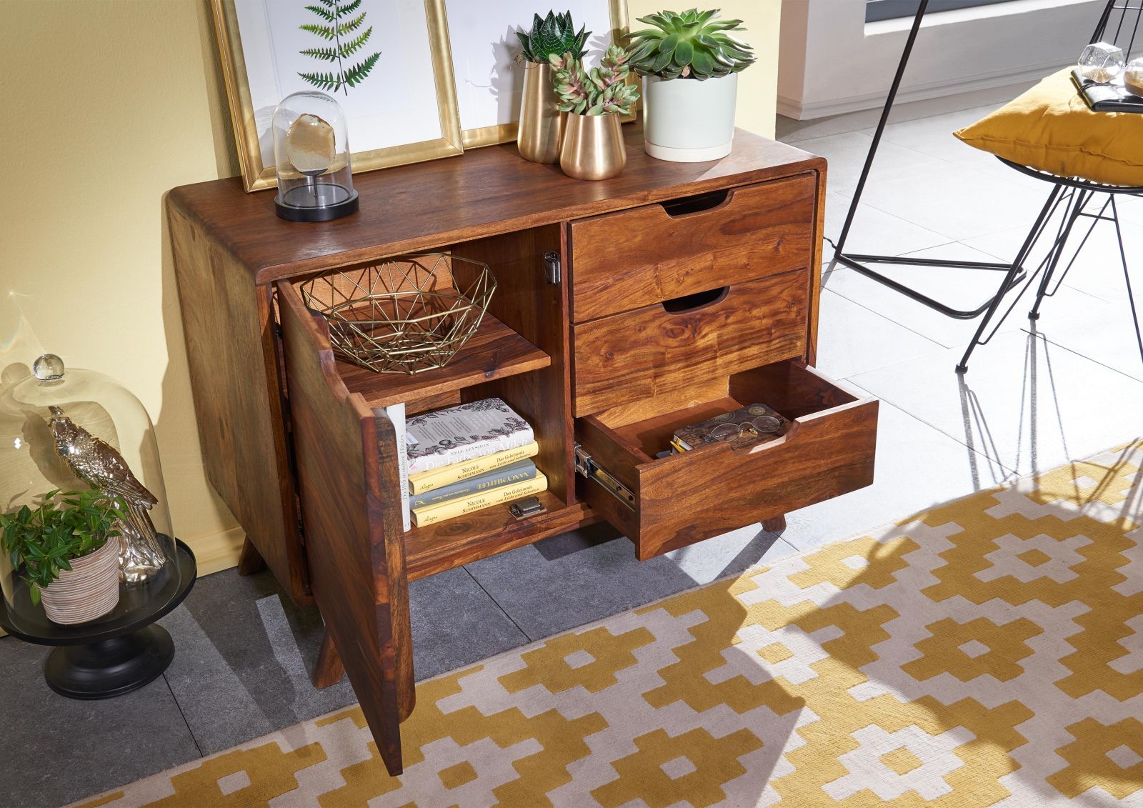 Sideboard with single door and three drawers made of solid sheesham wood