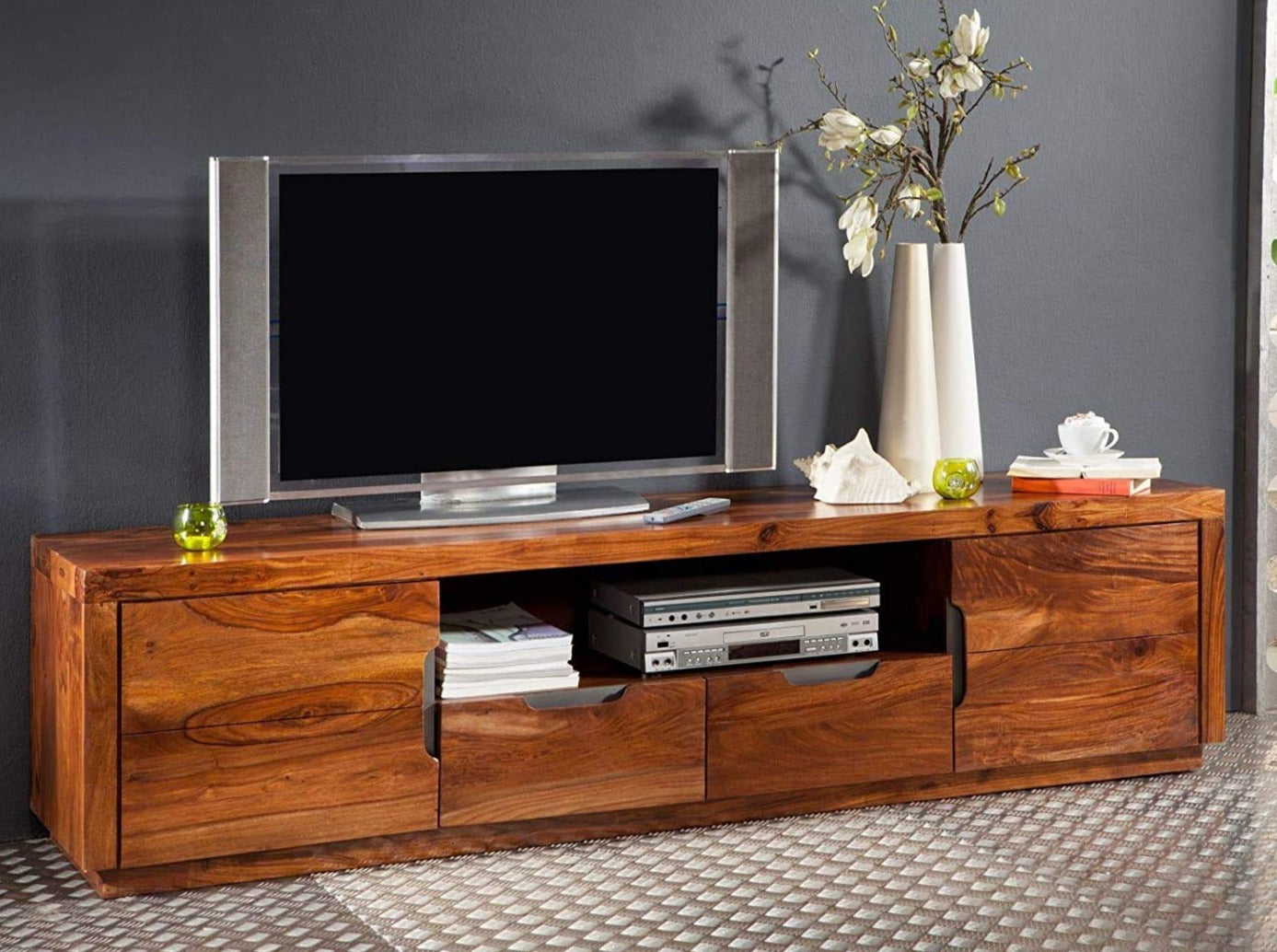 Tv unit with two doors and two drawers made of solid sheesham wood