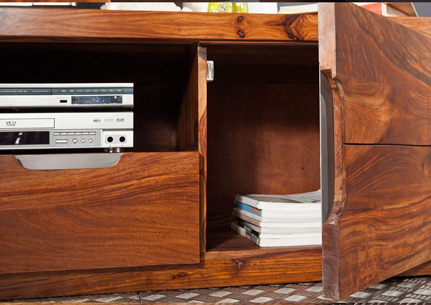 Tv unit with two doors and two drawers made of solid sheesham wood