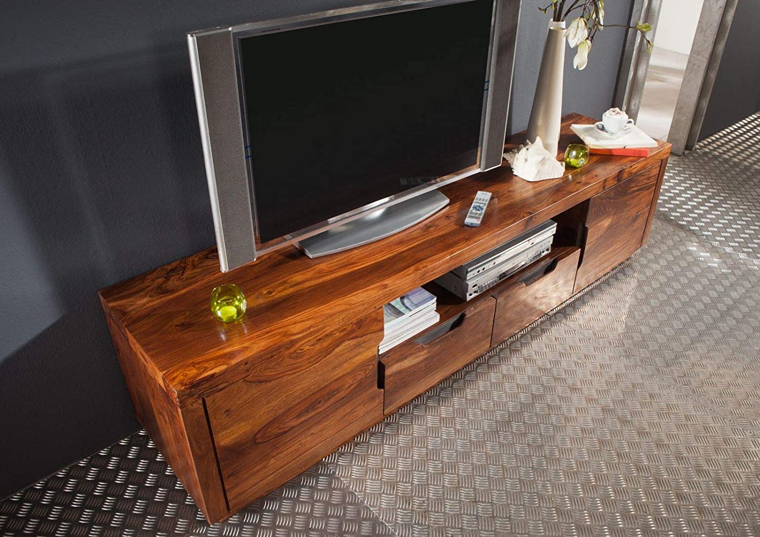 Tv unit with two doors and two drawers made of solid sheesham wood