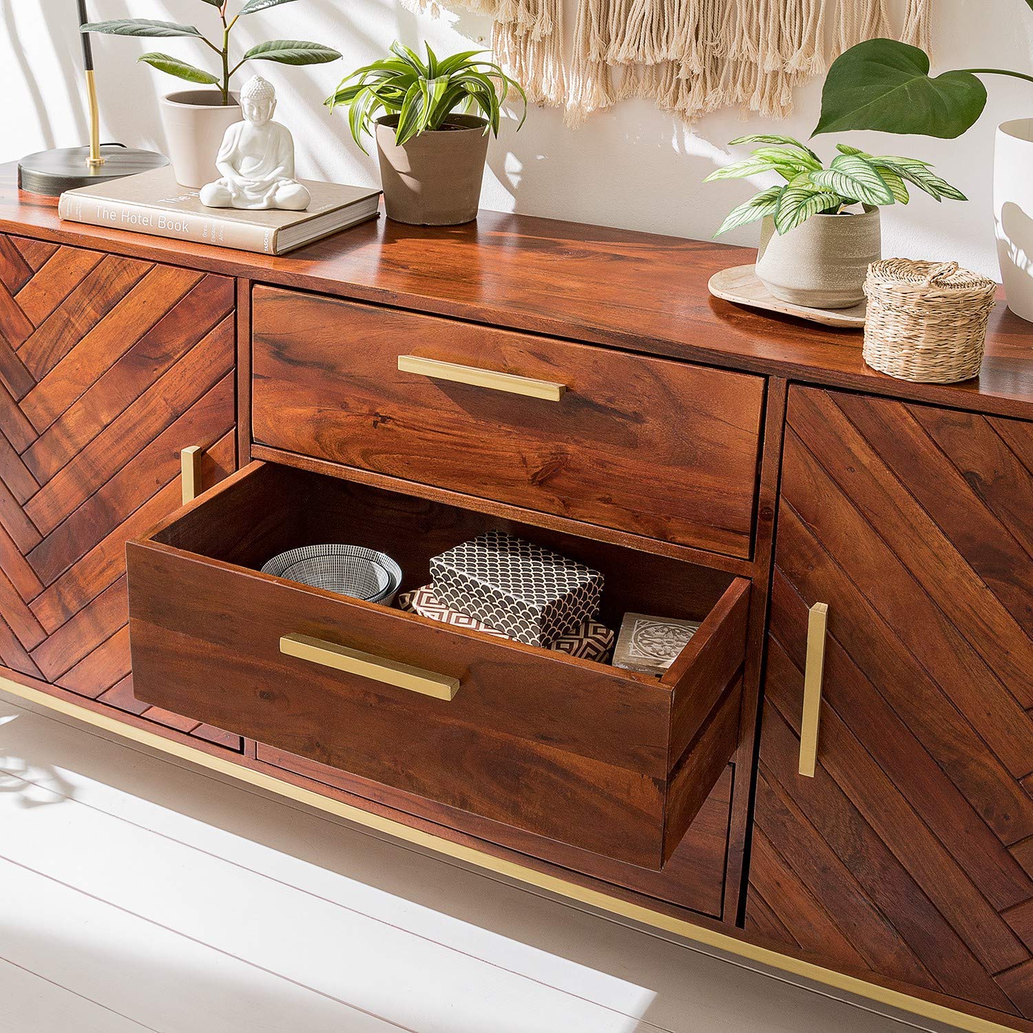 Sideboard with two doors and three drawers made of solid acacia wood