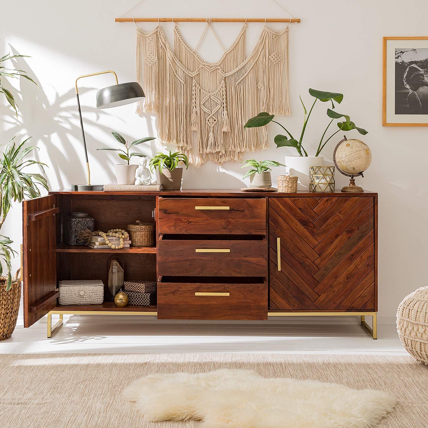 Sideboard with two doors and three drawers made of solid acacia wood