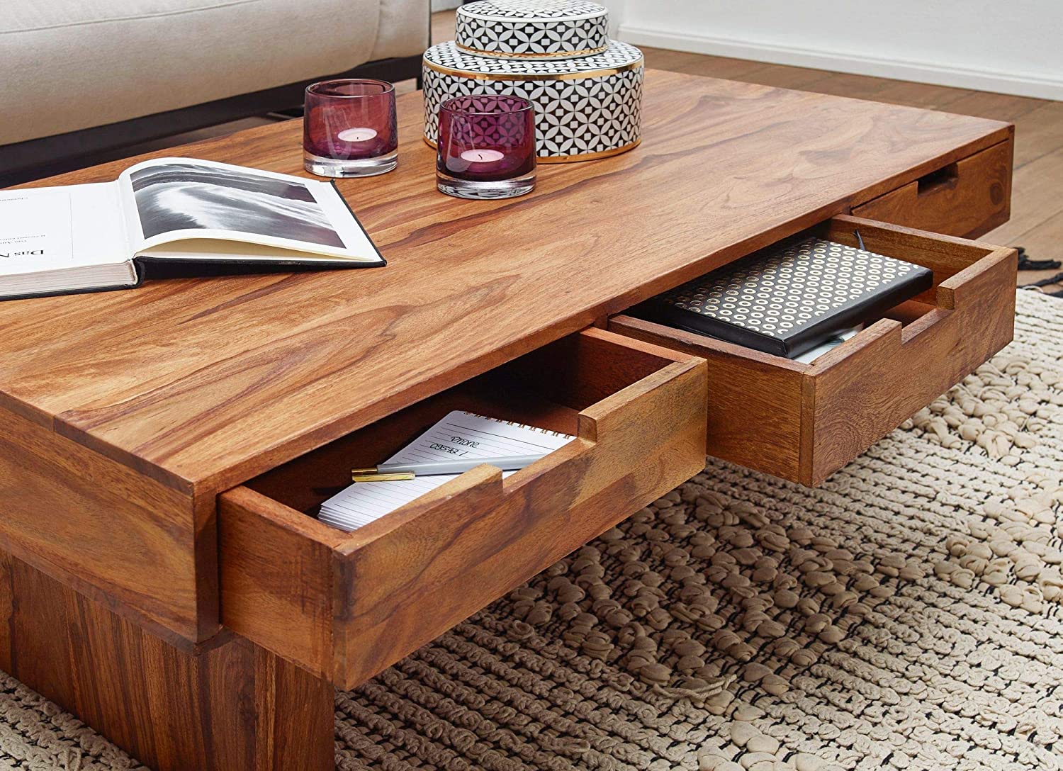 Coffee table with three drawers made of solid sheesham wood