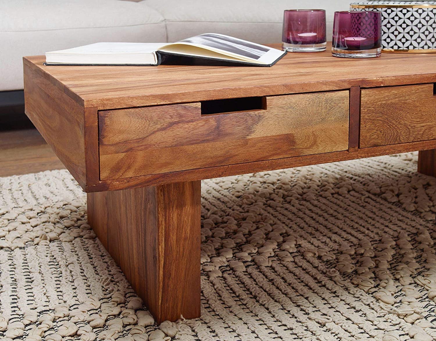 Coffee table with three drawers made of solid sheesham wood