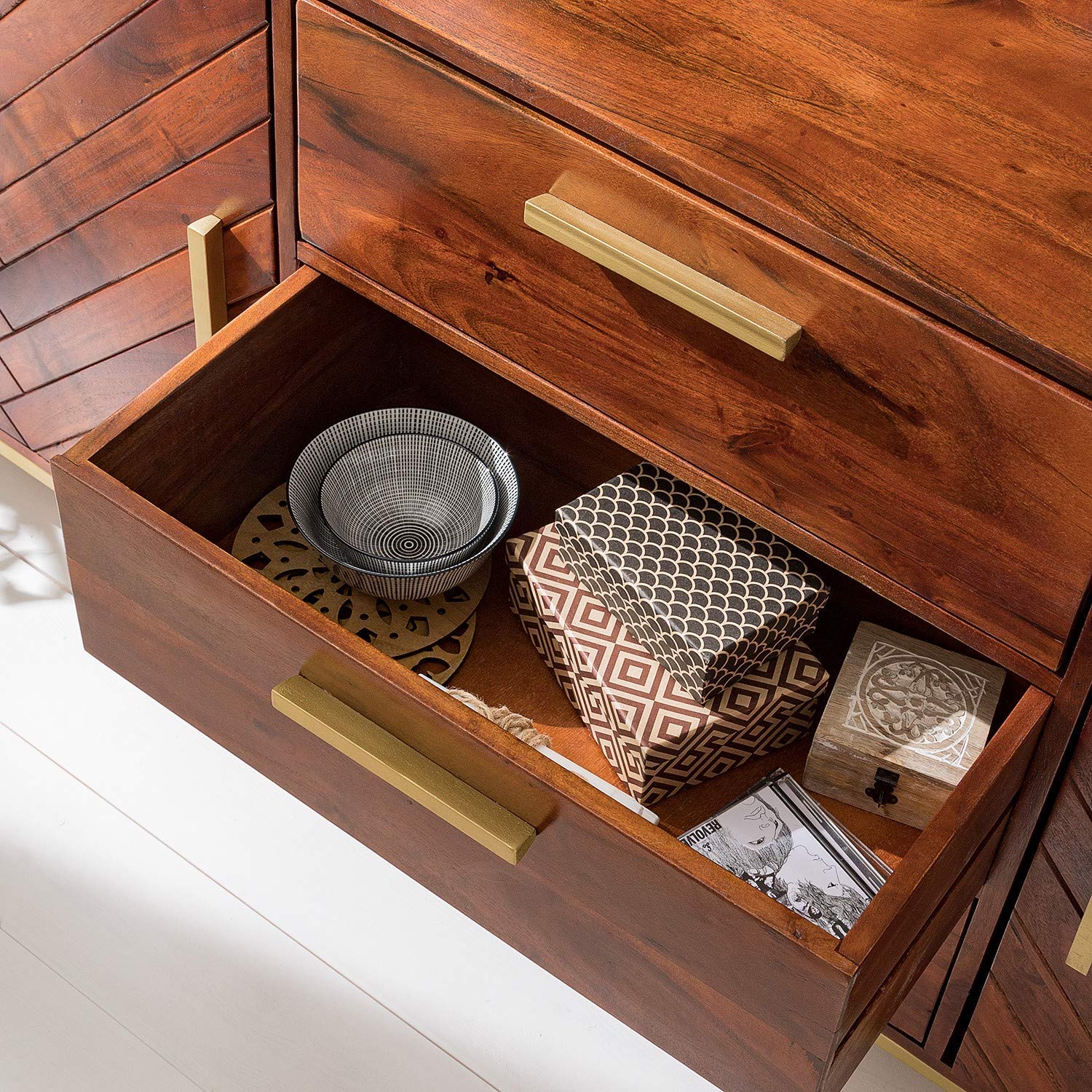 Sideboard with two doors and three drawers made of solid acacia wood