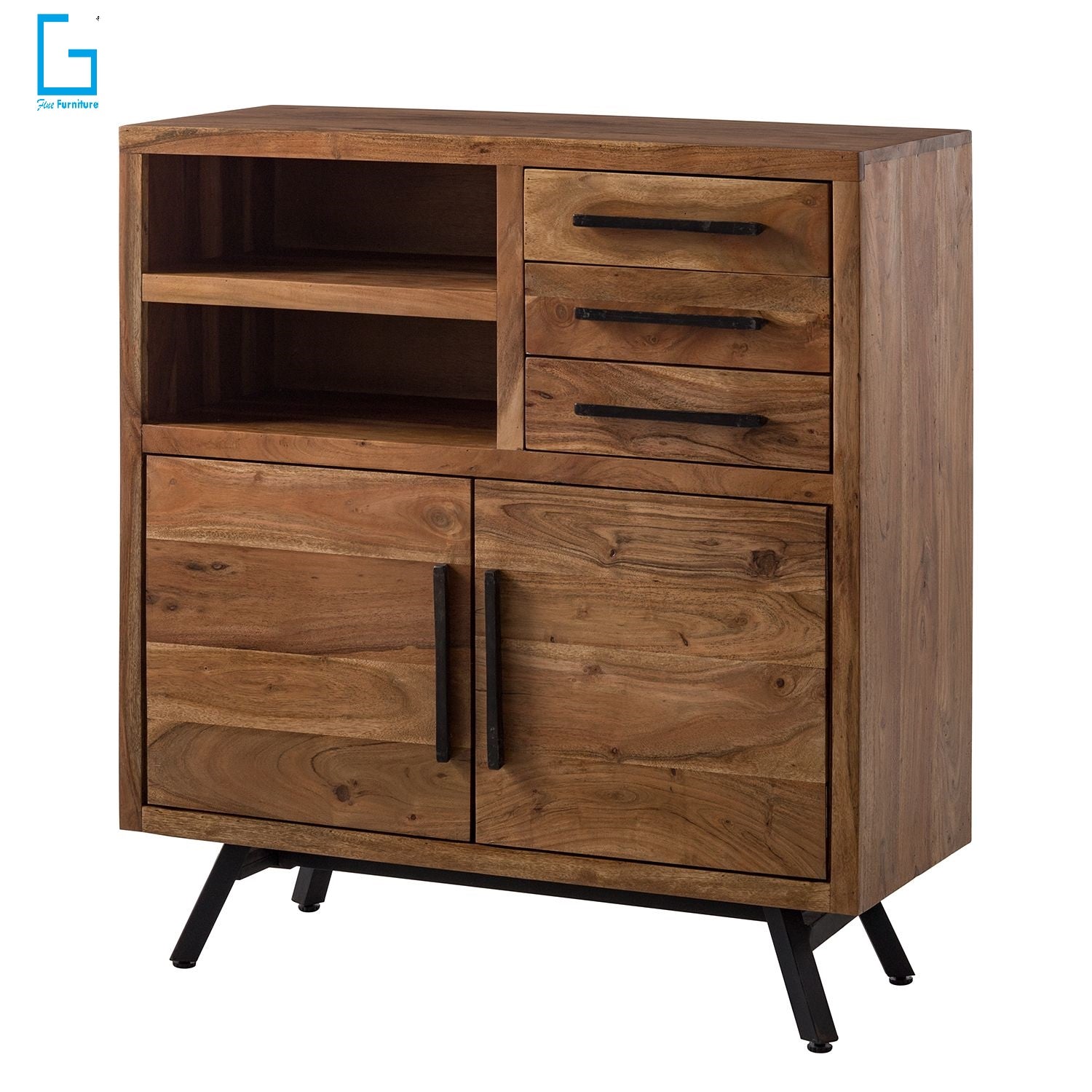 Sideboard with two doors and three drawers made of solid acacia wood and Metal