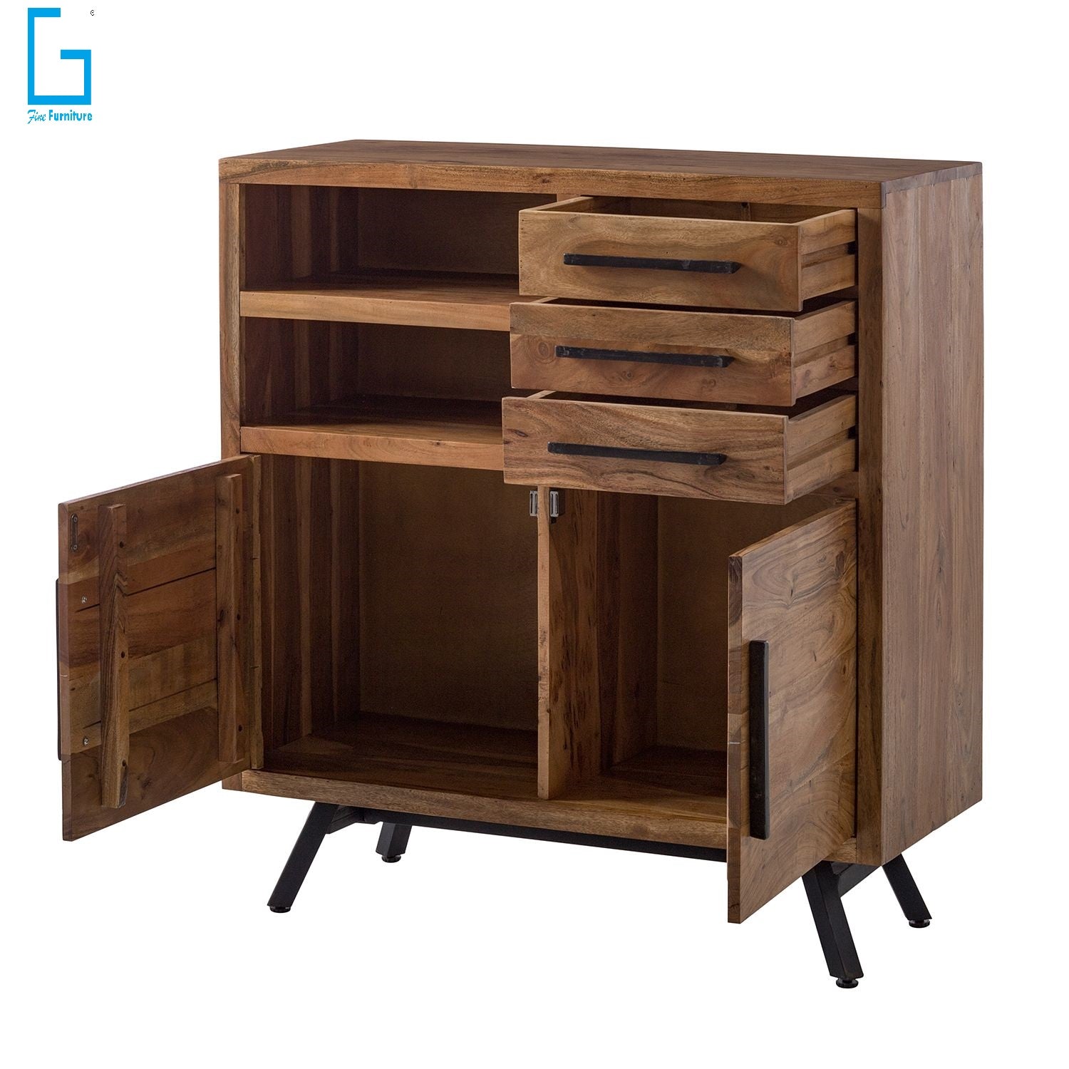 Sideboard with two doors and three drawers made of solid acacia wood and Metal