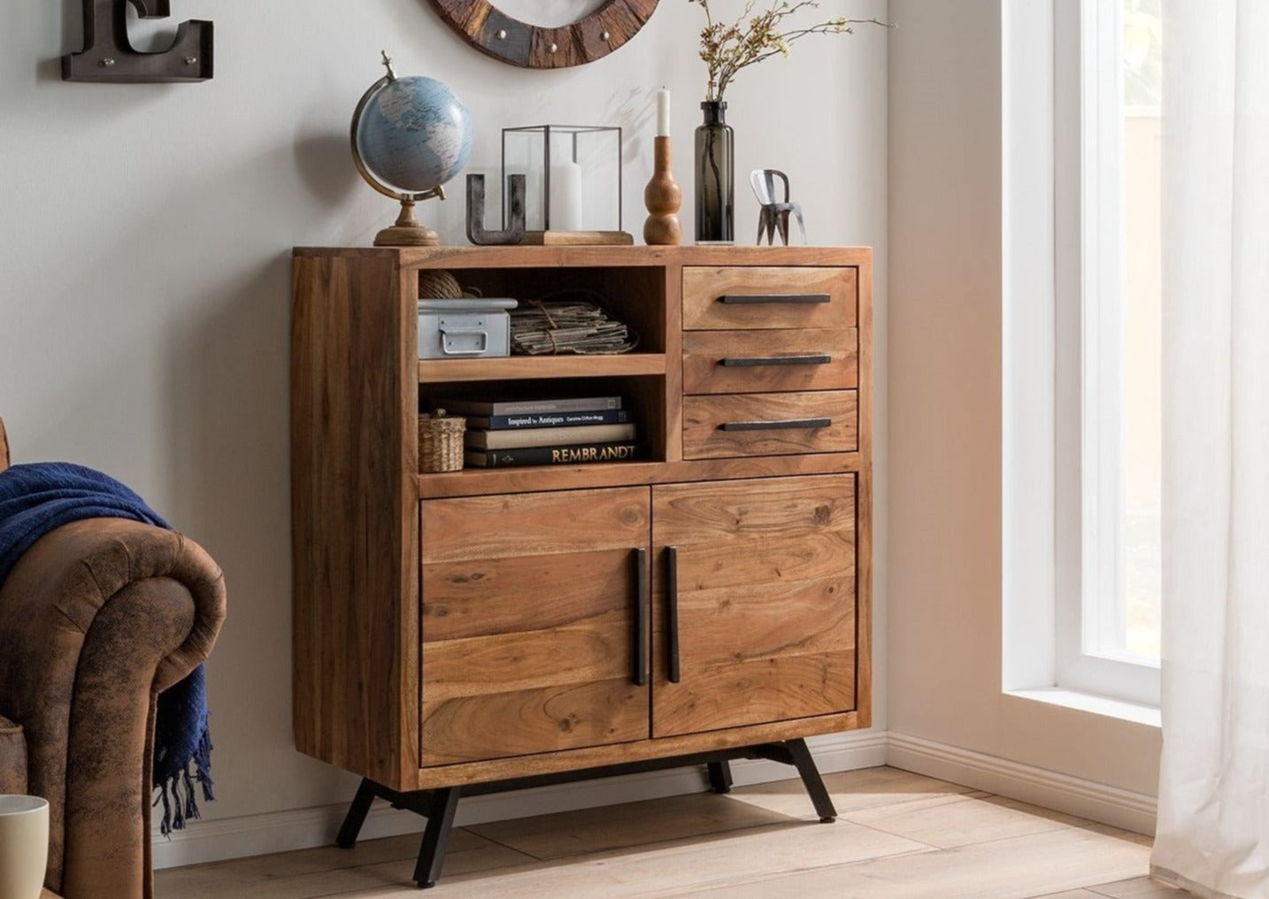 Sideboard with two doors and three drawers made of solid acacia wood and Metal