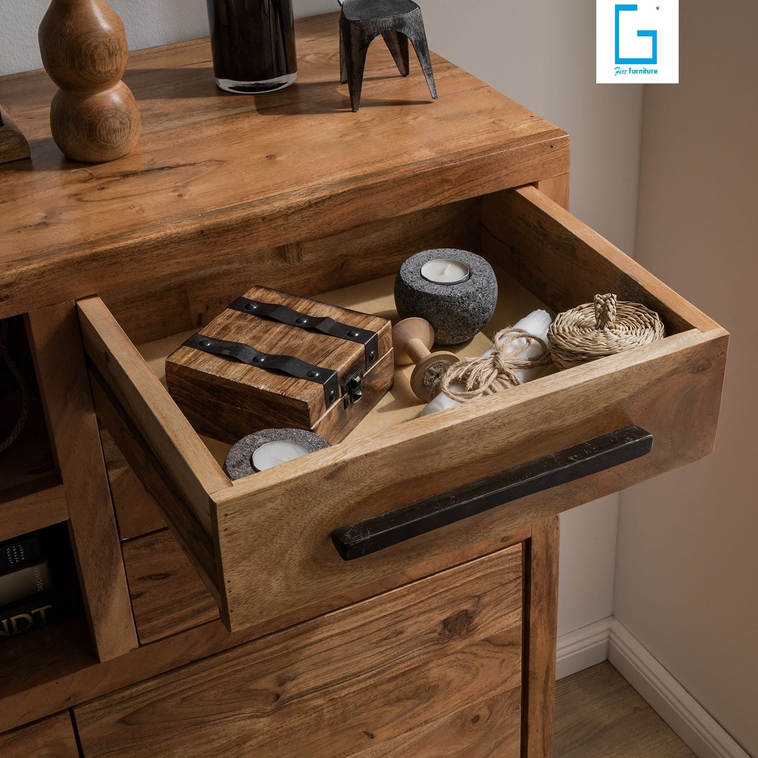 Sideboard with two doors and three drawers made of solid acacia wood and Metal