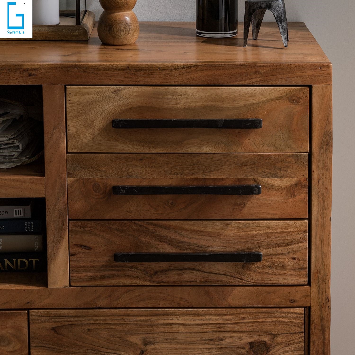 Sideboard with two doors and three drawers made of solid acacia wood and Metal